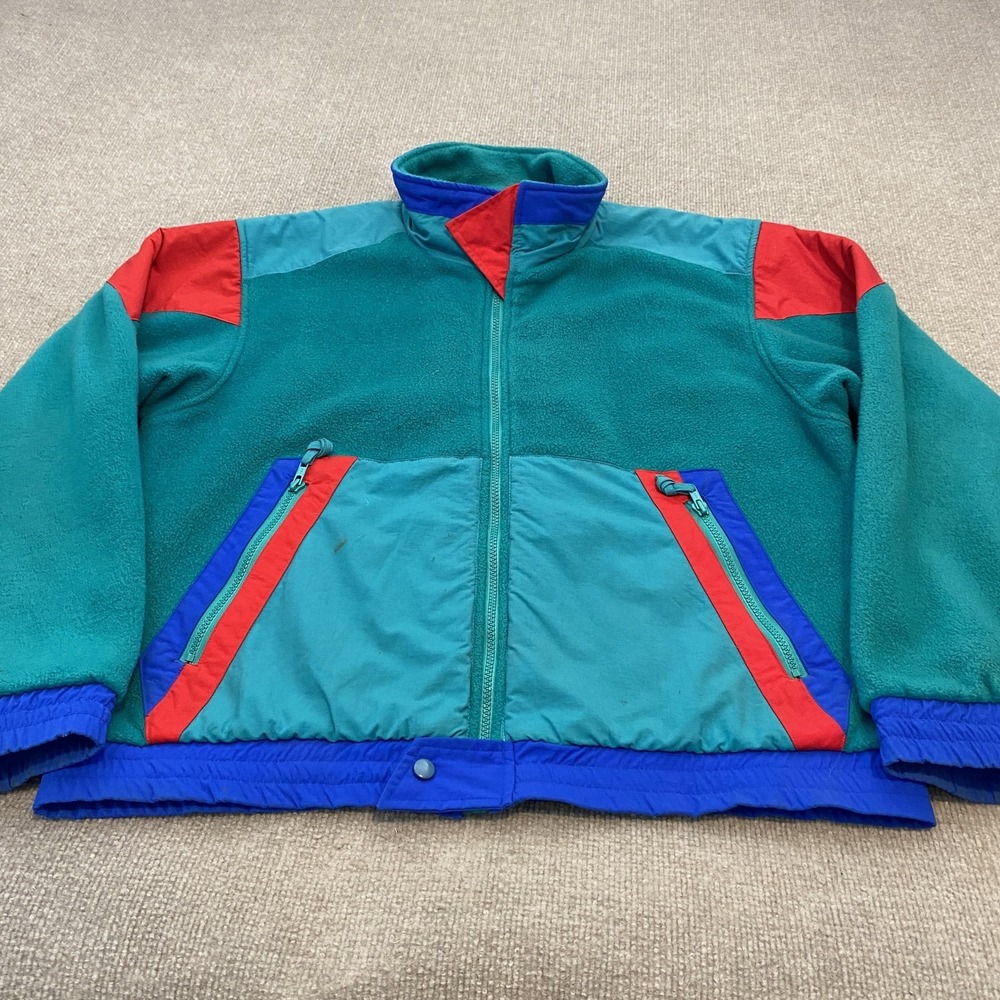 Vintage Eddie Bauer Jacket Mens Large Teal Fleece Bomber Colorblock Retro 90s